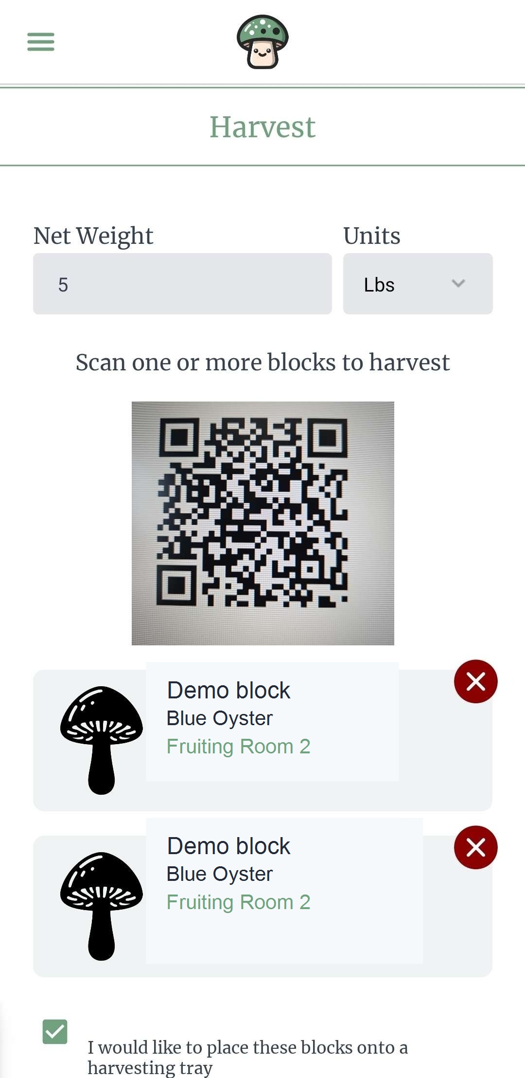 Kinoko mobile harvest tracking screen
