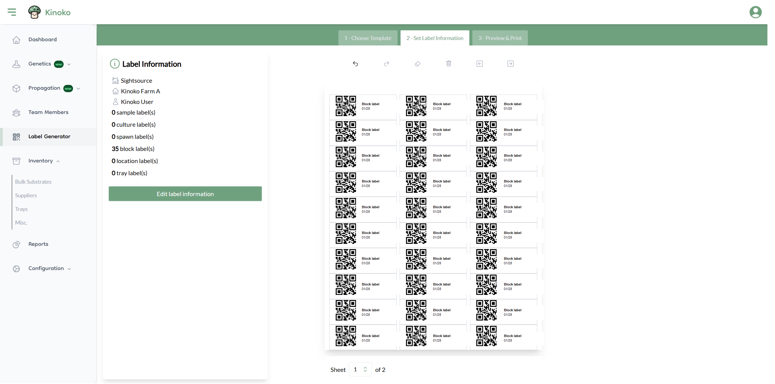 Kinoko QR label PDF preview